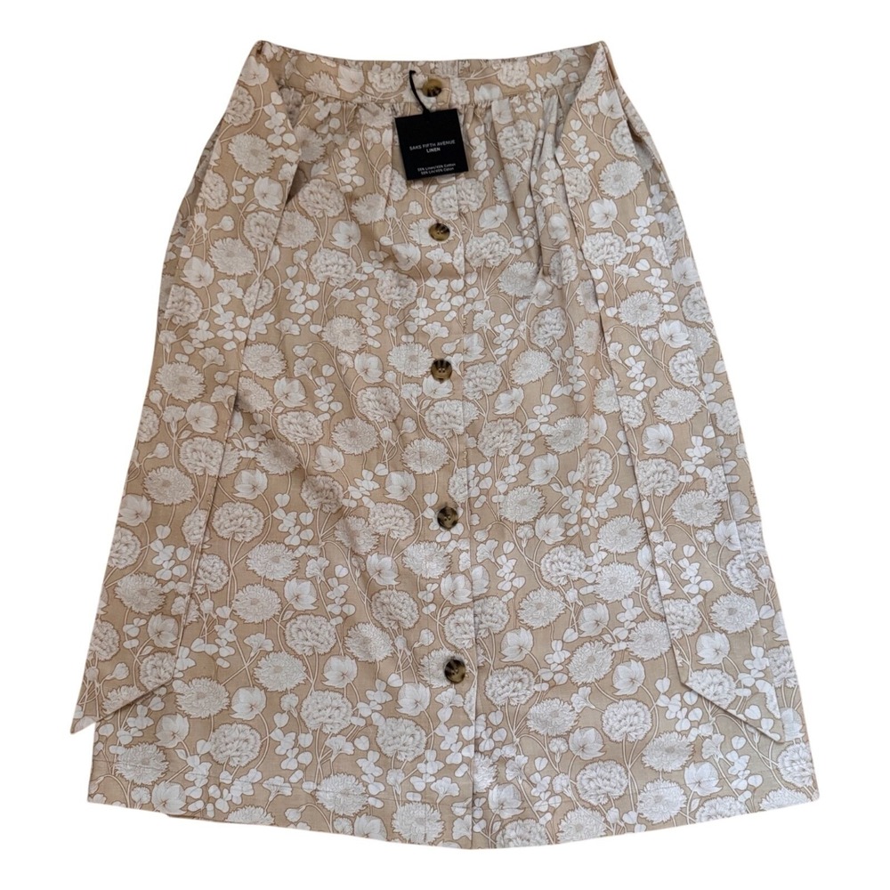 Saks Fifth Avenue Linen Floral Midi Skirt S Beige Coastal Old Money NWT